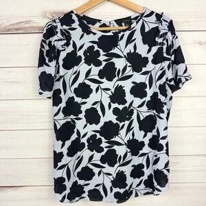 Ann Taylor Navy Floral Print Ruffle Sleeve Top‎ Women's Size L